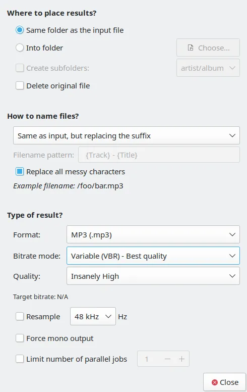 screenshot of soundconverter preferences window