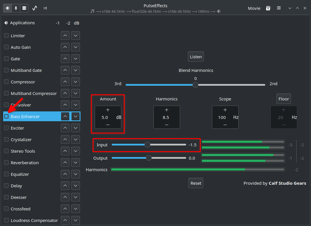 PulseEffects with Bass Enhancer enabled